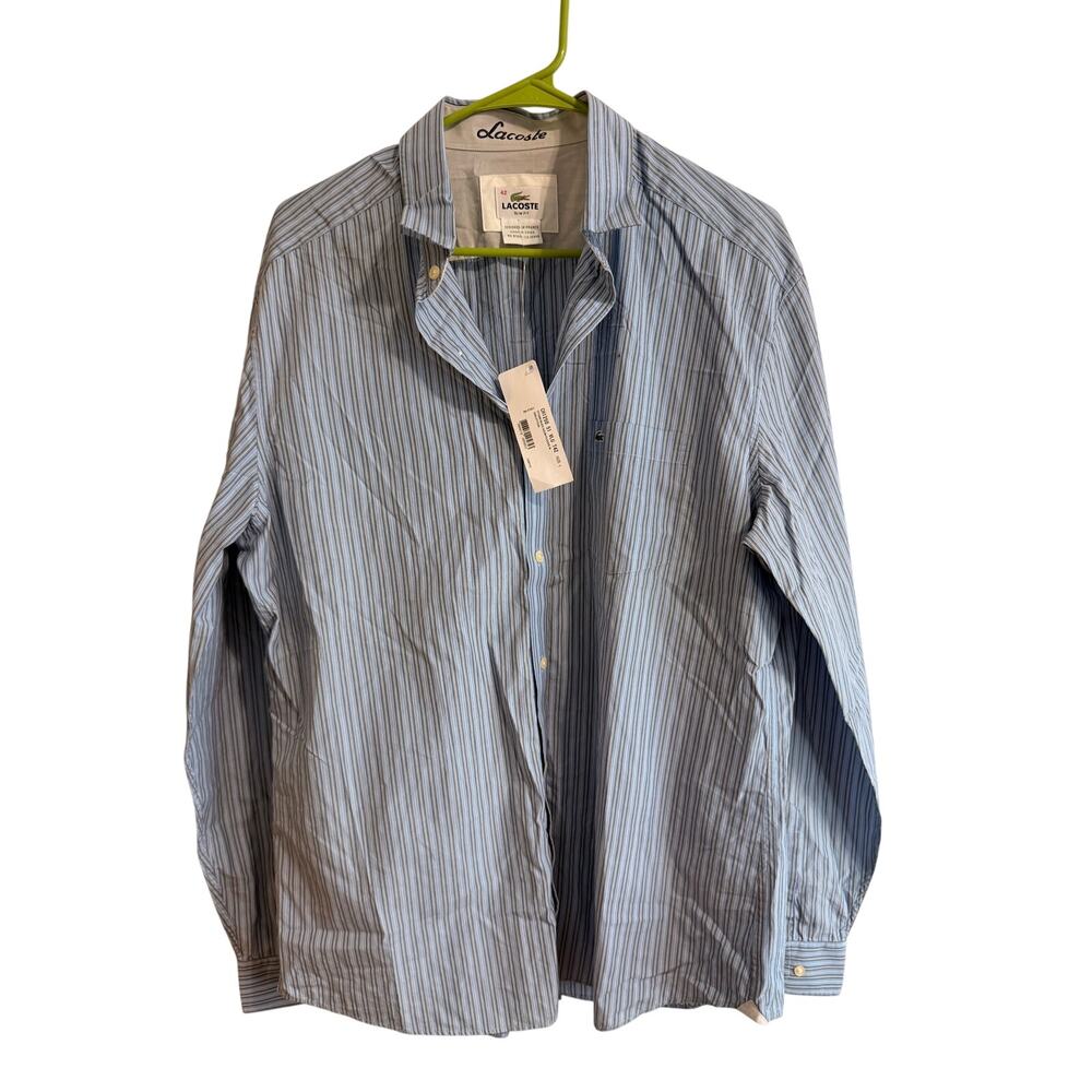 Lacoste NWT Slim Fit 100% Cotton Button Down Shirt Sz L Blue Stripe Pocket Front